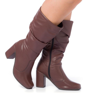 Bota Feminina Sofiolí Cano Longo Errugada Salto Alto Grosso Bico Quadrado Original Moda Confortável