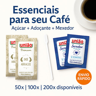 Kit Açúcar Sache União + Adoçante Sachê Sucralose + Mexedor p/ Café | Escolha 50, 100 ou 200 unid