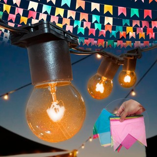 Varal de Luzes Até 25m Preto + Bandeirinha + Lâmpada 15w Clara Decoração Festa Junina Julina Arraia
