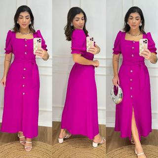 Vestido Longo Liso com Botões e Cinto - Modelo Elegante com Elastex