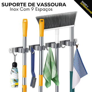 Suporte de Vassoura Inox com 9 Espaços Organização Moderna Instalação Fácil Vassoureiro Parede