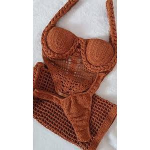 Conjunto em crochê trançado corset saia e parte de baixo biquini