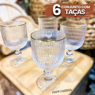 Jogo com 6 Taças para Agua com Borda Dourada 390ml Vidro Canelado Gold Versalhes