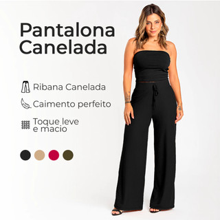 Calça Pantalona Canelada Wide Leg Feminina  Caimento Perfeito - Tecido Ribana Canelada