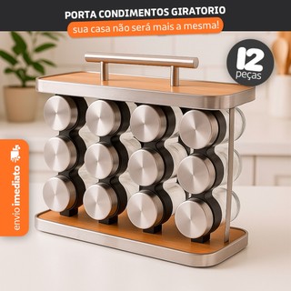 Porta Tempero Vertical Madeira Inox Com Alça 12 Potes Vidro Área Gourmet Cozinha