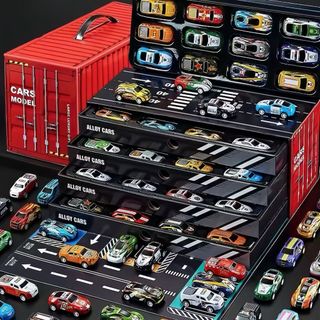 Kit 48 Carrinhos com Fricção de Lata Metálica Coloridos - Caixa Container que Vira Pista 8758