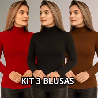 KIT 3 Blusa Feminina Manga Longa Gola Alta Canelado Cacharrel  Premium Inverno Casual