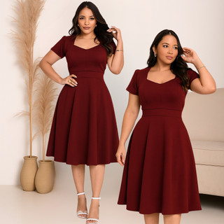 Vestido Feminino Mídi Social Rodado Manga Princesa Decote Coração Moda Evangélica Casual PluzSize