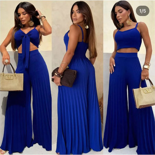 Conjunto Cropped e Calça Longo Plissada Juvenil Look Elegante Social Festa Tendência 2025