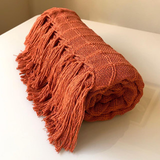 Manta Terracota Pra Sofá Cama Quadriculada Luxo Com Franjas Xale Decorativa 1.80X.1.20 m 100% Algodão Tear Mineiro