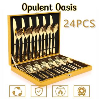 Kit Faqueiro Inox 24 Peças Faca Garfo C/ Detalhes Dourado e Dourados + Maleta + Promoçao