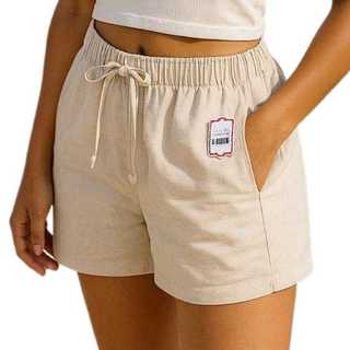 Short Feminino Casual Fio Tinto Tipo Linho Bermuda Plus, Adulto e Juvenil Cintura Alta Cós de Elástico Bolsos Laterais
