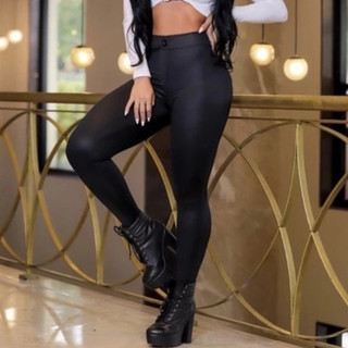 Calça Couro Fake Disco Em Cirre Bolsos Cintura Alta Feminina PROMOÇÃO