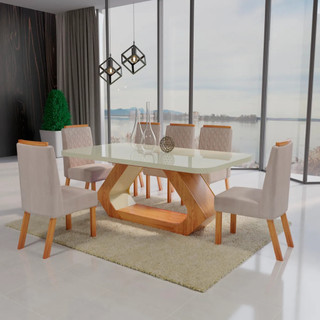 Sala de Jantar 160x80 Lottus MDF/Vidro 6 Cadeiras Bom Pastor
