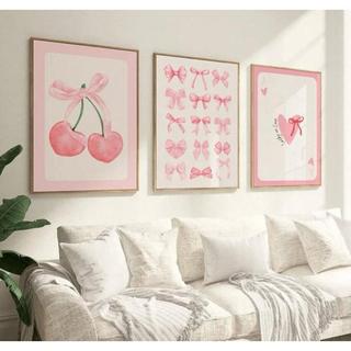 Quadro decorativo 3 peças minimalista cereja laço carta baralho rosa