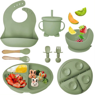 kit 8 Peças Talheres alimentação bebê silicone kit Talheres Infantil Com Ventosa Canudo Colher Babador Garfo NOVO