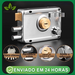 Fechadura Sobrepor cor Cromada Com Trava Dupla e 05 Copia De Chaves para Portão e Porta