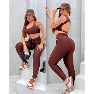 Conjunto Calça Legging com cordinha e Top Costa aberta moda gringa academia