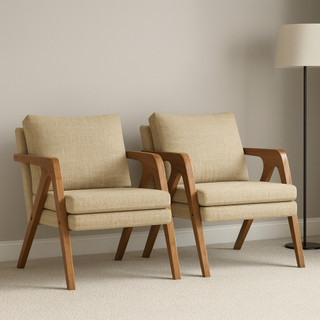 Kit 2 Poltronas Mona Linho Estofada Decorativa Luxo Pés De Madeira Maciça Sala Estar Recepção - AV