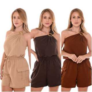 Conjunto Feminino Short Regata Ombro Único com Fivela Look Casual e Elegante