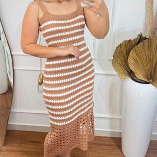 Vestido Tricot Midi Femino Listrado Decote Quadrado Renda na Barra Moda Verão Praia Tricoliny Modas