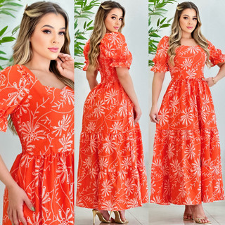 Vestido longo feminino 3 marias manga bufante luxo estampa floral com lastex nas costa