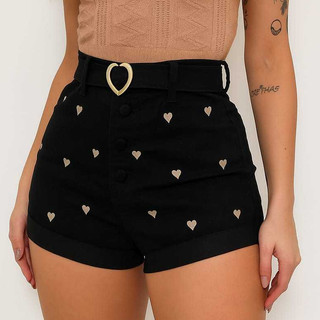 SHORT JEANS LYCRA PREMIUM CINTURA ALTA BOTÃO ENCAPADO BORDADO HOT PANT LUXO CONFORTO TENDENCIA 2026
