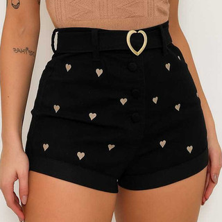 SHORT JEANS  FEMININA LYCRA BORDADO CINTURA ALTA LUXO CONFORTO  TENDENCIA