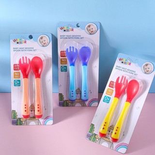 2 pçs colher e garfinho Termossensível Silicone Para Bebê