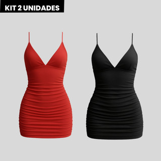Kit 2 Vestidos Curtos Femininos Alça Fina Franzido Lateral Ajustável Moda Festa Casual