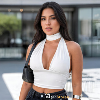 Top Cropped Feminino Frente Única com Amarração Moda Gringa Blusa Cropped Com Amarraçao Decote