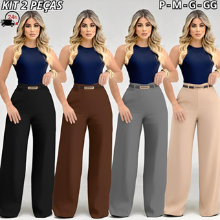 Kit 2 Calça Pantalona Alfaiataria Premium Feminina Com Cinto Bolso e Ziper Lateral