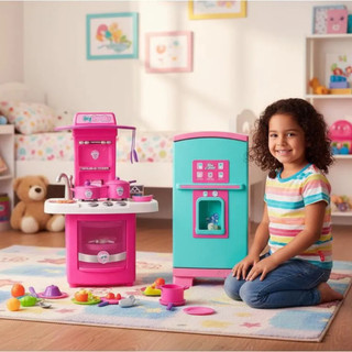 Kit Cozinha e Geladeira de Brinquedo Menina Rosa Kit Completo com Acessórios Brinquedo Infantil