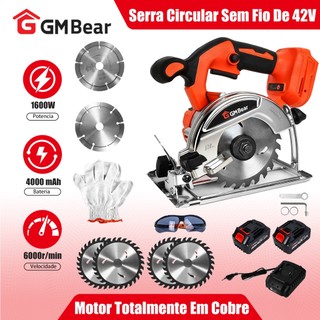 GM Bear Serra circular sem fio 42 V com ângulo ajustável de 0 a 45° Adequada para cortar madeira, metal, mármore