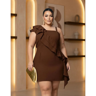 Vestido Plus Size Feminino Um Ombro Só Com Babados Elegante e alças com ajuste