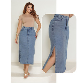 Saia Midi Longa Jeans Abertura Lateral Cintura Alta