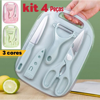 Cozinha 4 Peças Portátil – Faca, Tesoura, Tábua, Descascador – Cores Pastel