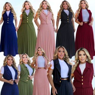 CONJUNTO: COLETE, SAIA LONGA PLISSADA, CINTO E CAMISETA  MODA EVANGELICA MODA CRISTÃ CONGRESSO CULTO