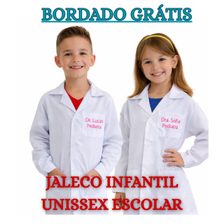 Jaleco Infantil Unissex - BORDADO GRÁTIS - Fantasia, Laboratório Escolar, Médico, Veterinário, Cientista