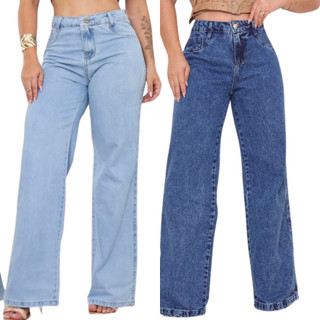 KIT CALÇA WID LEG JEANS 100% SEM LAYCRA COS ALTO JEANS SEM LAYCRA CALÇA BOCA LARGA CLARA MARMORIZADA CALÇA LARGA DELUXEE