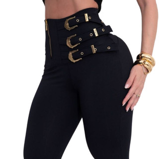 Calça Legging Feminina Com Fivela Lateral Cintura Alta Levanta Bumbum Zero Transparência