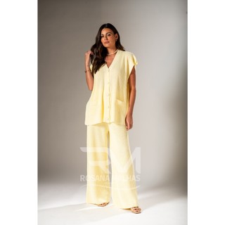 Conjunto Feminino Tricot Calça Pantalona e Max Colete Regata com Botões Kimono Tendência 2026