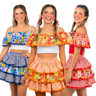Conjunto Junino Xadrez Saia e Cropped P ao GG Confortável Pronta Entrega Look Caipira