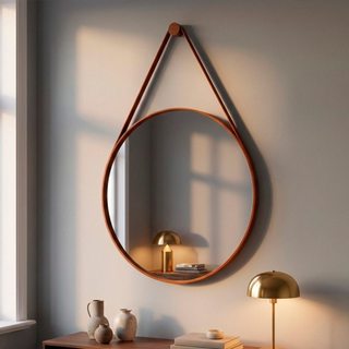 Espelho Redondo Adnet Moderno Lavabo Quarto Sala Banheiro Alça Em Couro 60cm C/ Pino Suporte