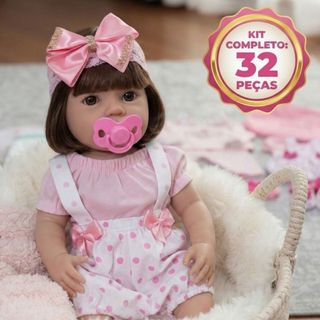 Boneca Bebê Reborn Realista Menina Silicone Pode Banho + Enxoval Luxo 32 Itens Presente Perfeito - 45cm!