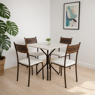 Conjunto Jogo Mesa Cozinha 4 Cadeiras Jantar Para Apartamento Pequeno Tubular Junco Fibra Sintética
