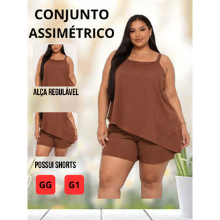 Conjunto Feminino Assimétrico Plus Size, Blusa e Short Dunas com Alça Regulável Soltinho Verão