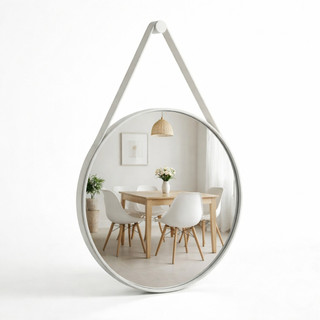 Espelho Redondo Decorativo Adnet Alça Couro Suporte 60cm Sala Quarto Banheiro