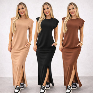 Vestido longo casual basico feminino ribana canelada manga muscle moda gringa preto marrom plus size