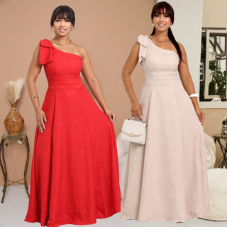 Vestido Longo  Feminino com Laço no Ombro em Duna Linho – Vestido de Festa, Casamento, Elegante